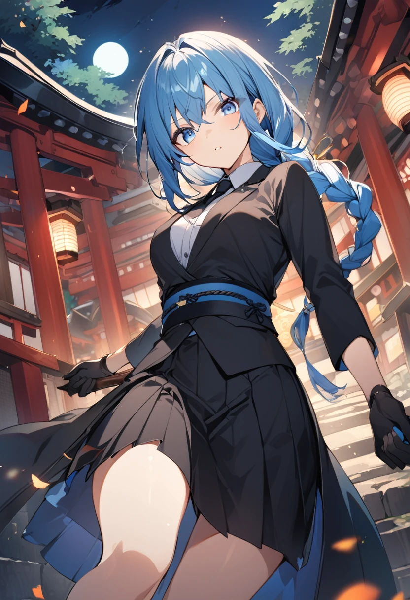 One Girl,azure hair,Hairstyle: braided ponytail, pale blue eyes,Medium chest,Dynamic Angle),Japanese shrine with night background,Black coat、Black suit、Black tie、Black gloves