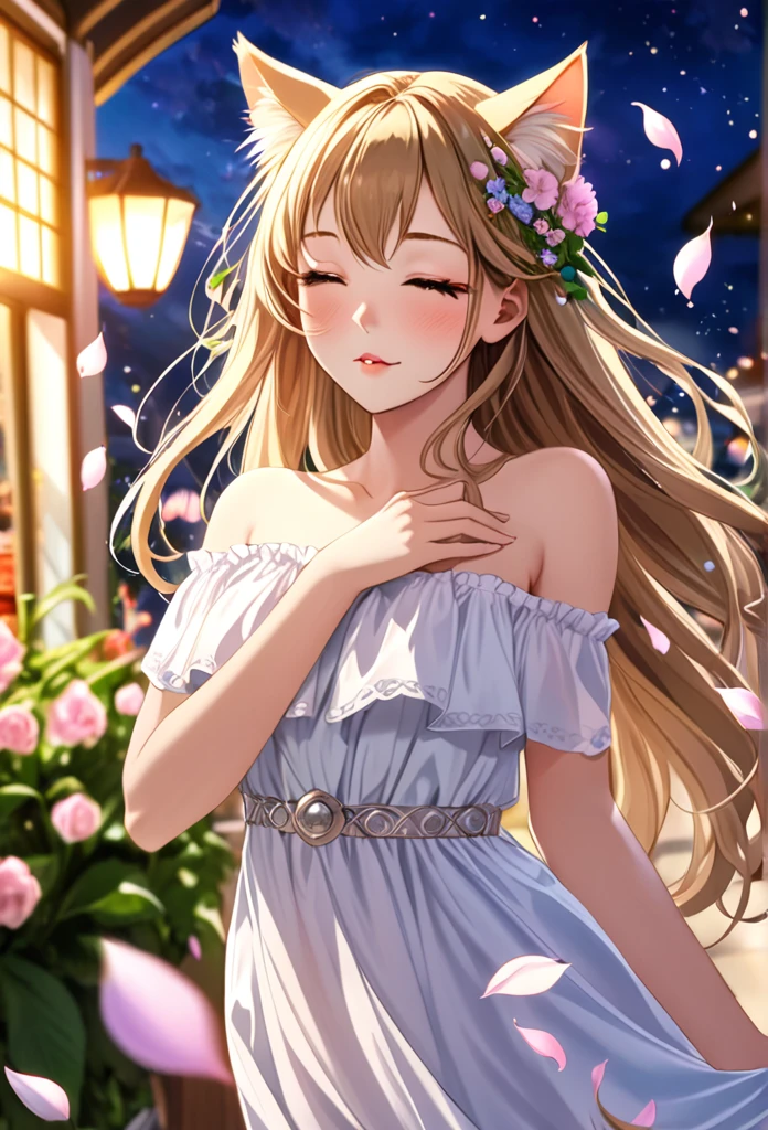 (Ah! My Goddess style:1.2) , Hallucination, daydream , nightmare , Insane Dream , bokeh , erotica , romance , cat nymph and realistic cat , Petals fluttering down , (Single eyelids, round nose, swollen cheeks) , glossy lips , Collarbone , Hair blowing in the wind , Goddess Cafe Terrace , armpit