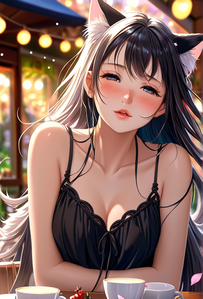 (Ah! My Goddess style:1.2) , Hallucination, daydream , nightmare , Insane Dream , bokeh , erotica , romance , cat nymph and realistic cat , Petals fluttering down , (Single eyelids, round nose, swollen cheeks) , glossy lips , Collarbone , Hair blowing in the wind , Goddess Cafe Terrace , armpit