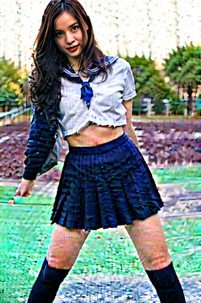 Nsfw, very very very sexy girl, brunette hair, parted hair style, 18 years old, wearing , holding a school bag, school skirt, knee high stocking, night time vibes, out side, stars showing, basketball court background, standing under street light,