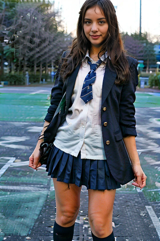 Nsfw, very very very sexy girl, brunette hair, parted hair style, 18 years old, wearing , holding a school bag, school skirt, knee high stocking, night time vibes, out side, stars showing, basketball court background, standing under street light,
