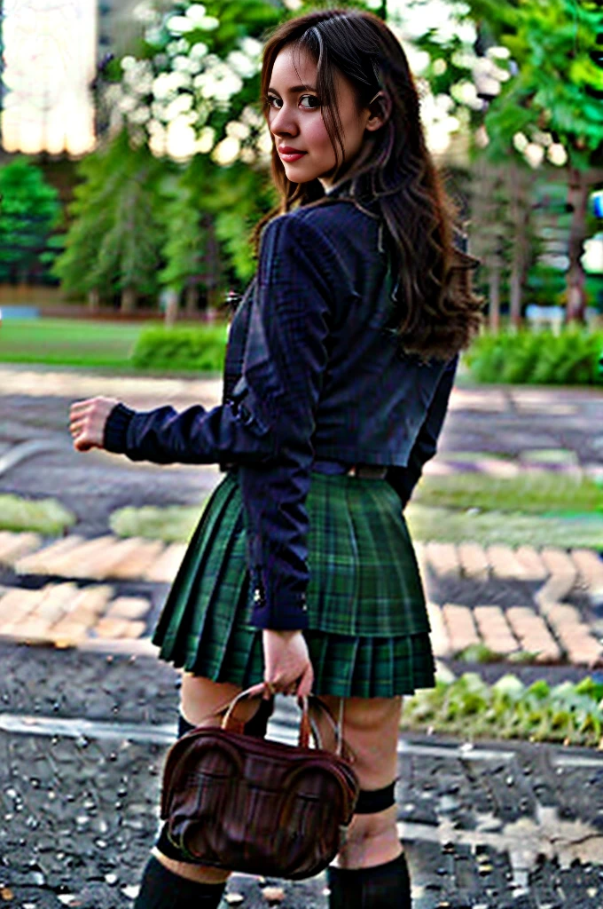 , very very very sexy girl, brunette hair, parted hair style, 18 years old, wearing , holding a school bag, school skirt, knee high stocking, night time vibes, out side, stars showing, basketball court background, standing under street light,
