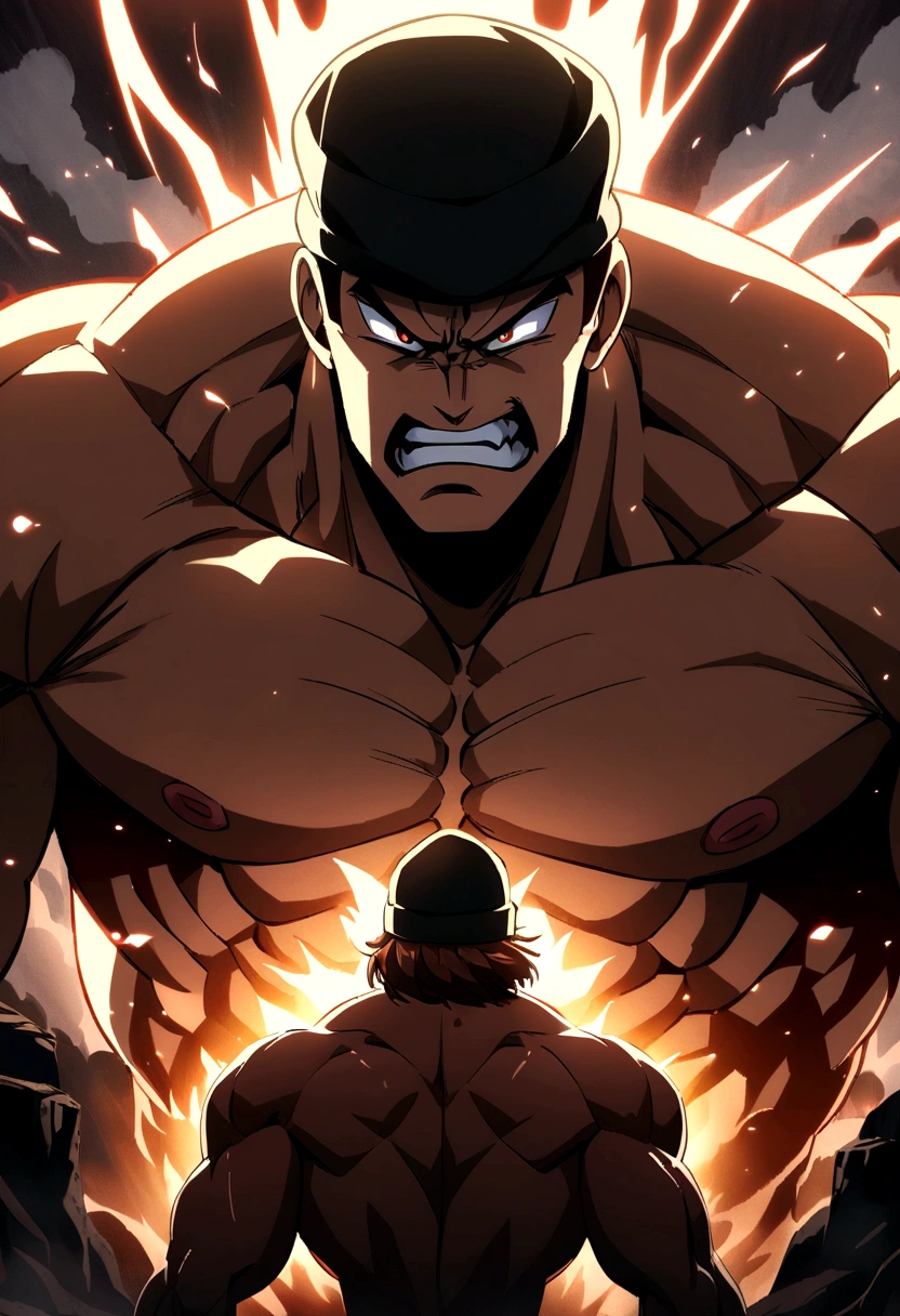 Medium muscular boy with MEDIUM LONG BROWN HAIR and black beanie hat very angry and red with rage looking straight ahead, very epic anime style