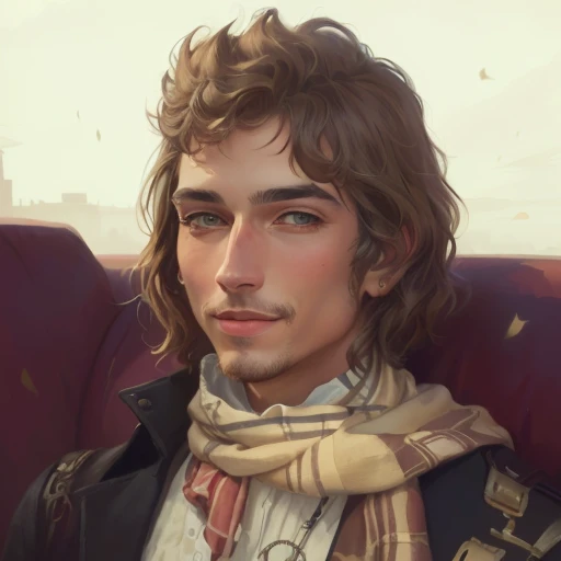 painting of a man with a scarf and a jacket on, a character based on a haggis, inspired by Henry Macbeth-Raeburn, smirking male bard, digitally painted, accurate portrait of a bob dylan, inspired by Prince Hoare, inspired by Gawen Hamilton, lofi portrait, lofi steampunk bioshock portrait, inspired by Philipp Veit