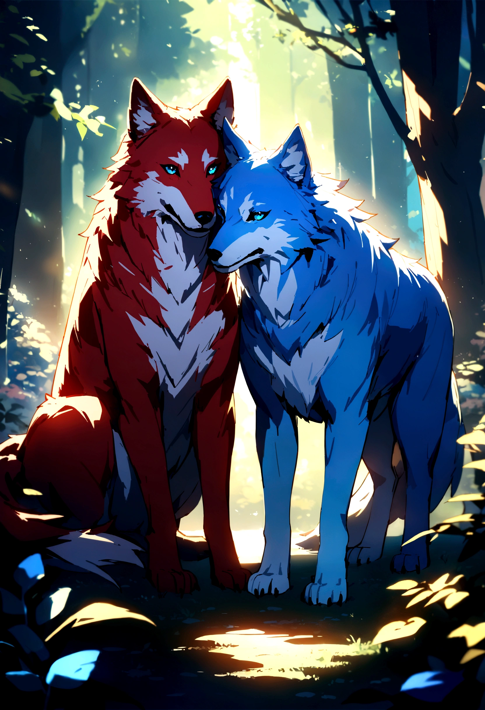 
Two wolves, Red fur, blue fur, bright blue eyes, in the most beautiful enchanted forest, highly, brightly lit, detailed, perfect masterpiece, high quality, high resolution, one blue wolf, one red wolf, wolf couple.