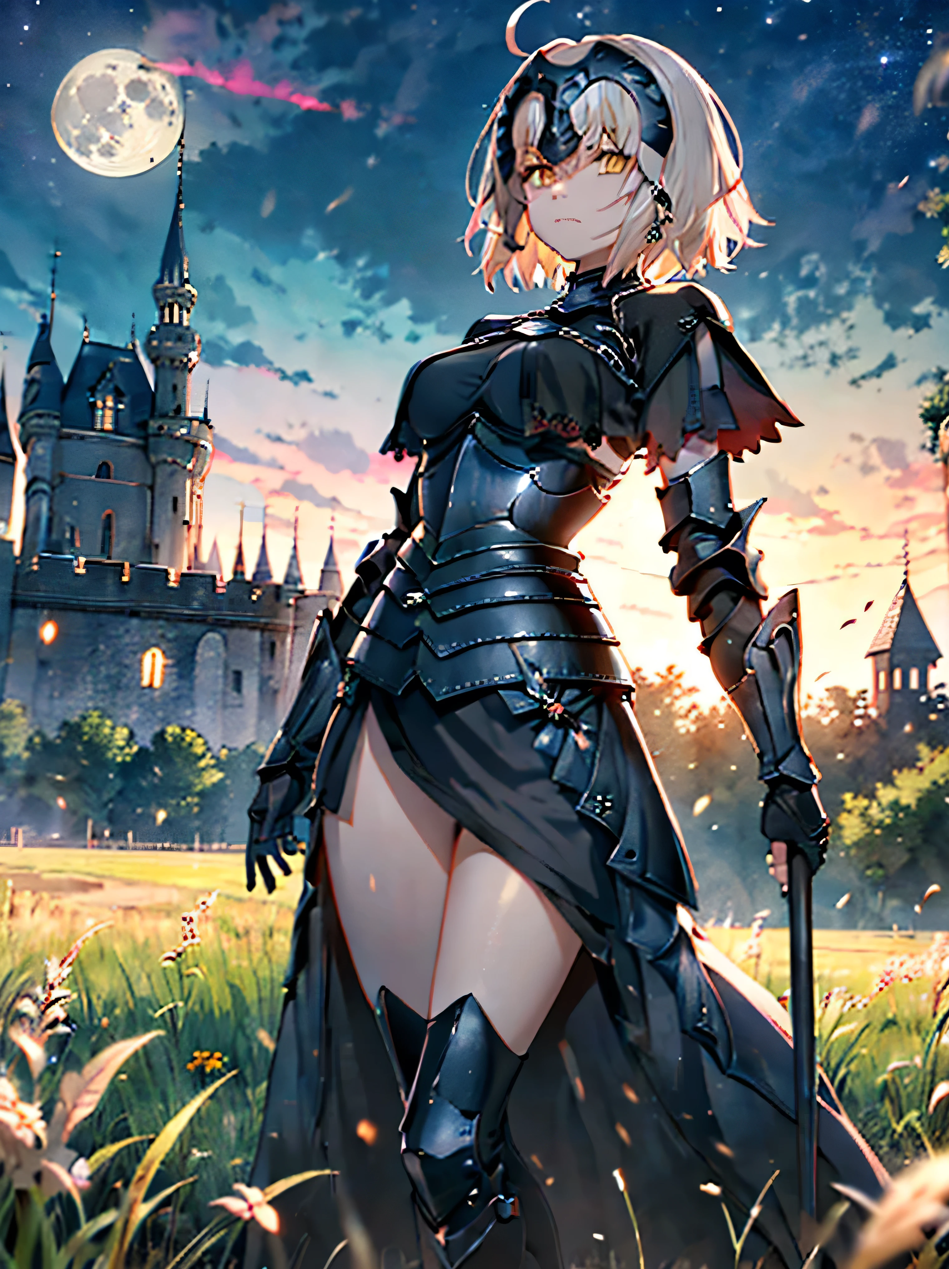 absurdres, uhd, ((masterpiece)), (((HDR))), ((best quality)), (ultra high quality), (hi-res), ((1girl)), solo, (A2nd, 1.1Clothing), short blonde hair, straight hair, headpiece, armor, skirt, leg armor, perfect body, perfect anatomy, annoyed expression, facing viewer, waving flag, ((dynamic)), in a field, grass, castle ruins, night time, moon,