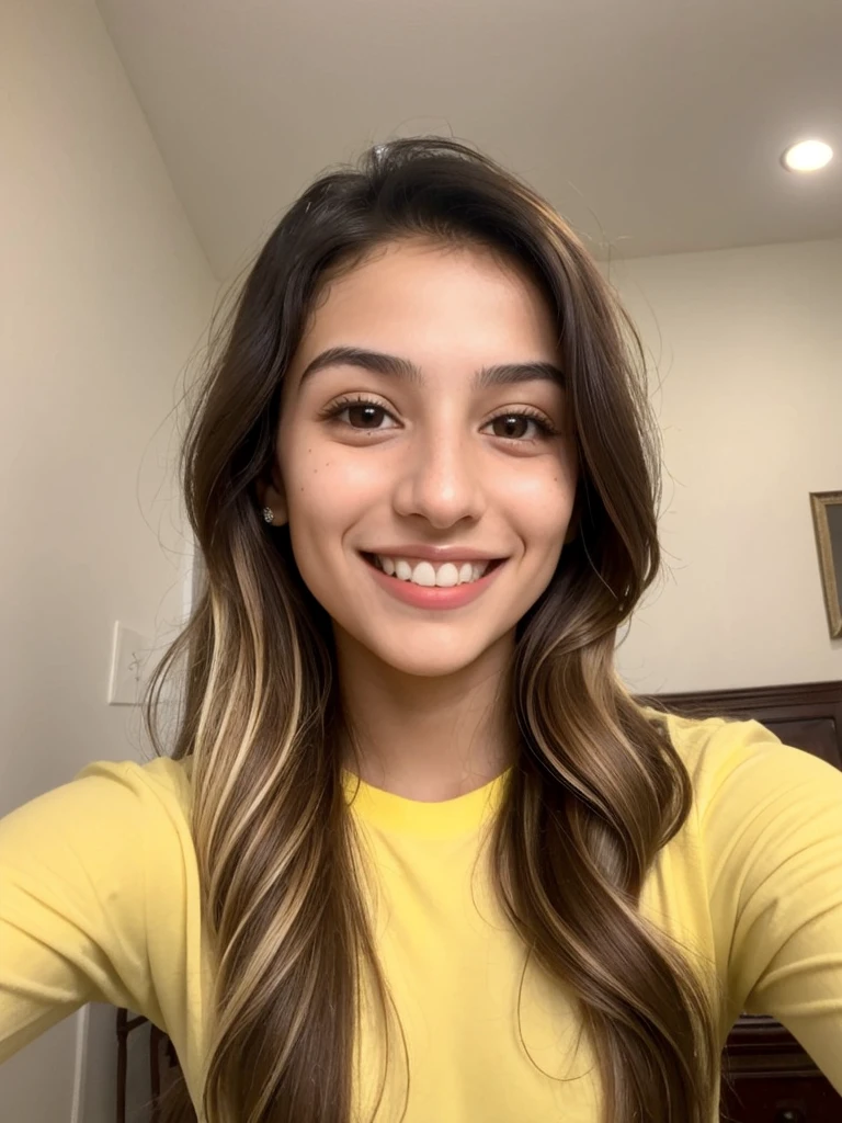 20YO, small nose, one women,attractive, Jordanian, Arab, Bright Yellow shirt, cute smile, cute face, white teethes, skinny face, light brown eyes, black/blonde long hair, modest, selfie