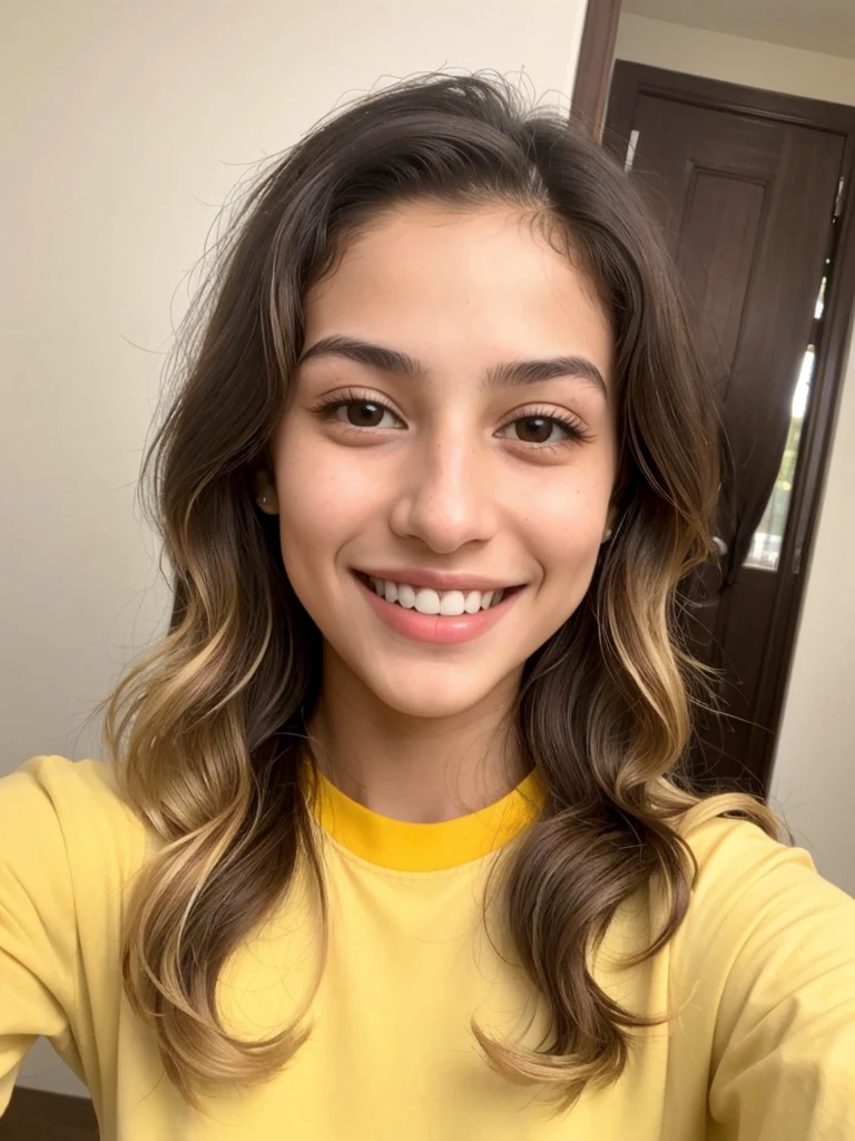 20YO, small nose, one women,attractive, Jordanian, Arab, Bright Yellow shirt, cute smile, cute face, white teethes, skinny face, light brown eyes, black/blonde long hair, modest, selfie