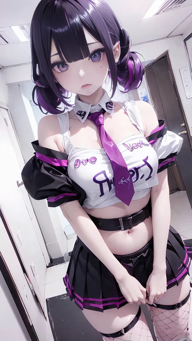 (masterpiece, Highest quality, Highest quality, Official Art, beautifully、aesthetic:1.2), (2 girls:1.8), Cinema Lighting、(Key Light:Front 45 degree angle, Subsidy light、Backlight、Shadow、Blue and orange color palette), Accurate human body、Someone knowledgeable、Correct five-finger、RAW Photos、 4K - ultra-vivid、Highest quality, masterpiece, Ultra-high resolution, (reality: 1.4),
1 girl、/Pink long hair/、(((/Black and purple super shiny latex /)))、((( /Dark Skin/ , /White shirt and tie/ , high school girl、Pleated skirt , Cleavagin)))、(Shiny body: 1.5)、 Be embarrassed、(Ahegao:1.5)、((/Black Mask/))、Full of embarrassment、Sexy pose、((vap)、/break/, On the bed in a love hotel、(((/Pink lighting/)))、dim, Nasty room、Desaturation in the room
(((Oilskin,Glowing Skin、Realistic skin texture、Beautiful skin in every detail、Shiny skin、Shiny skin)))、
Upper Body Shot, Low camera angle, Written boundary depth, Focus on the center, Fine Eyes, Perfect face and eyes、
1 girl、
17 years old, (GotWhite skin), (T-shirt and skirt), (Show below ), (Fishnet tights), (Belly Button Jewelry), (Earrings), (ingsのついた唇), /Purple eyes/, /Short black emo hair/, (Big Breasts), (8K), (wallpaper), (hting), (Detailed face and eyes:1.2)、Short skirt、Low-cut platform boots and oveed shirts、Off the shoulder, /break/