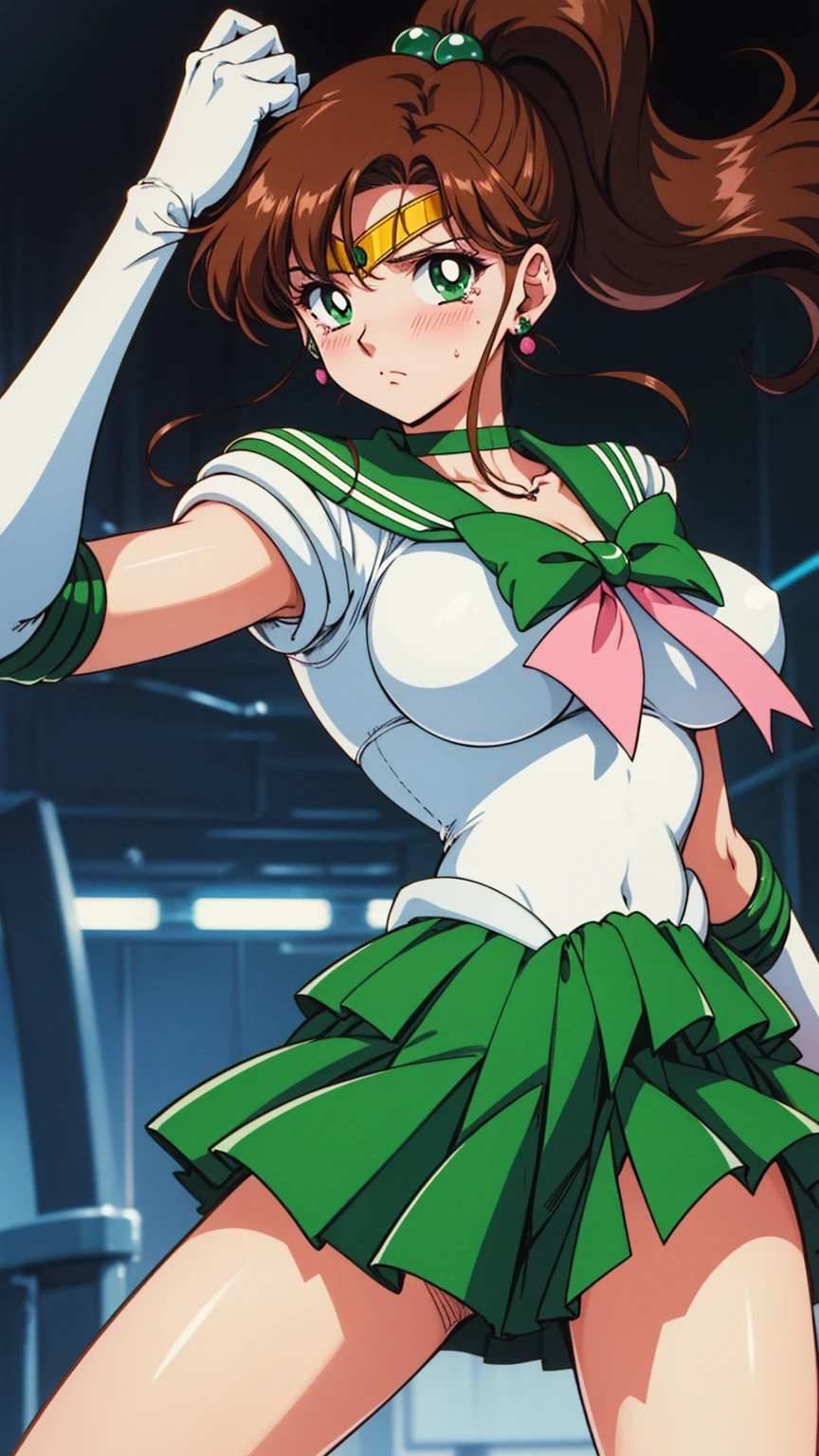 Highest quality, High resolution, 1990s \(style\), retro artstyle, 1990s anime cels style, Sailor Jupiter, Fighting, Sailor Warrior Uniform, Green sailor collar, White gloves, Green pleated skirt, Pink ribbon, ponytail, jewelry, Earrings、(Torn clothes、)、Dynamic、廃墟でFighting、 scene、 chamber、Tortured Woman、tears、blush、sad