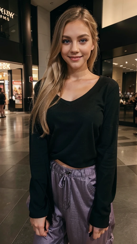 Lily Bowman), posing, modeling, with dark purple casual outfit design, full body,mall night, sexy smile, best quality, blur night background with Green Eyes, , Ultra Realistic, Meticulously Detailed, Portrait, Blonde Hair and Big Eyes, Selfie of a Young Woman, Green Eyes, No Makeup, Natural Makeup, Looking Directly at the Camera, face artgram, subtle make-up, Impressive photo, stand, with sexy smile, Medium and large size chest, allowing the face to be seen clearly,mall night