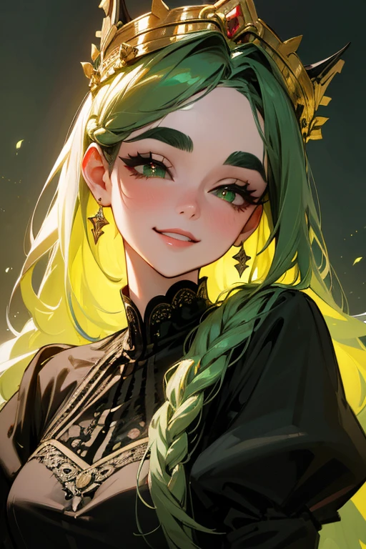 (Highest quality, masterpiece:1.2), High resolution, Very detailed, Realistic:1.37, Fantasy, An illustration, Green Eyes、Queen, Black lace dress.Platinum decoration、beautifully、Eyeshadow Red、Thick eyebrows、Long eyelashes、pupils are black、Her hair is dark green、Gold crown、Kissing Face、Embarrassing、Beloved by the crowd、Hair is green、Braiding、hair ornaments、Laugh gently、Close one eye、Smile through your teeth、