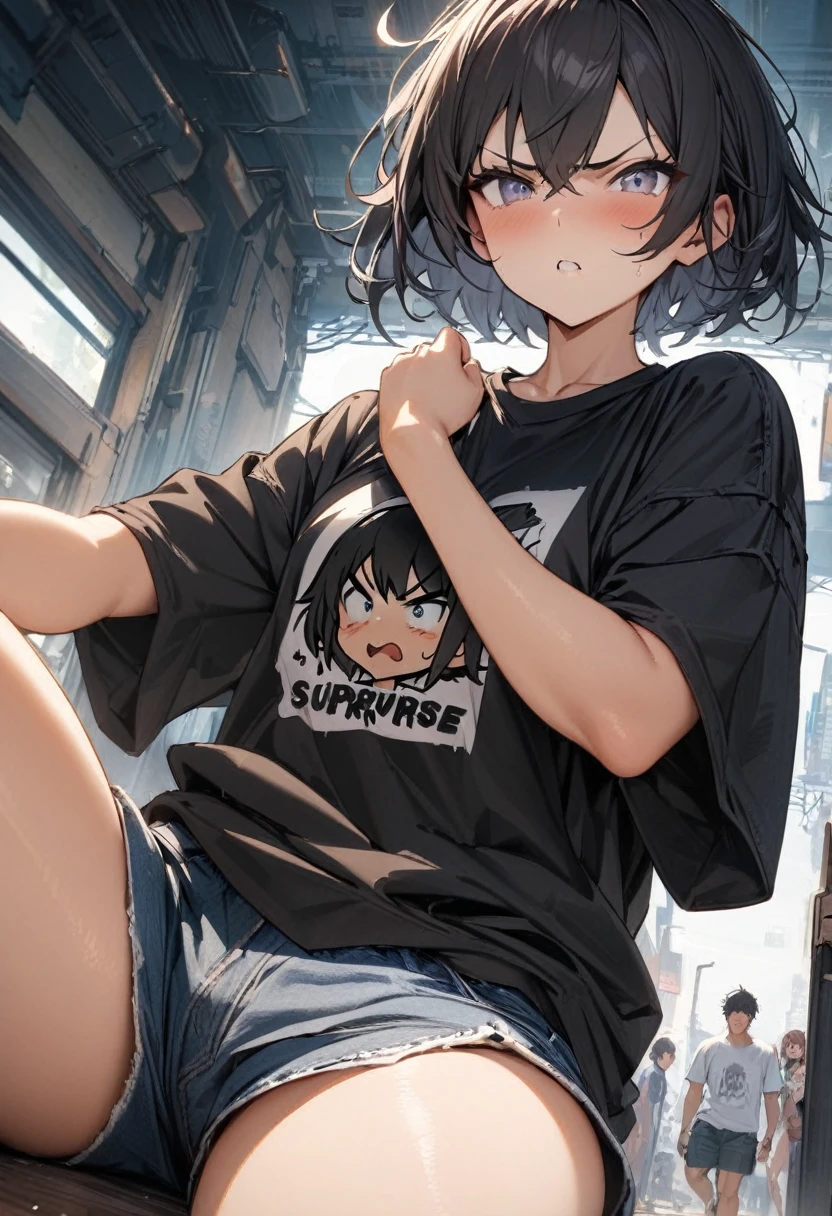 (masterpiece:1.2),(best quality:1.2),(masterpiece, best quality, ultra-high resolution), (1girl), (1 character), A girl angry and surprise, saggy t-shirt, shorts, masculine attitude, tomboy, short hair, black hair, silver eyes