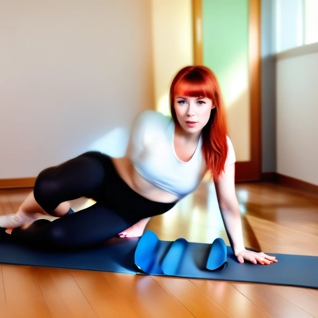 (Masterpiece, Best Quality:1.2), 1 girl, solo karlawellnes sexi, redhead with bangs, beautiful, White skin , professional photography, short exercise shorts, exercise top t-shirt, sports shoes, on a yoga mat doing a stretching pose, daylight, sauce of a house wooden floors