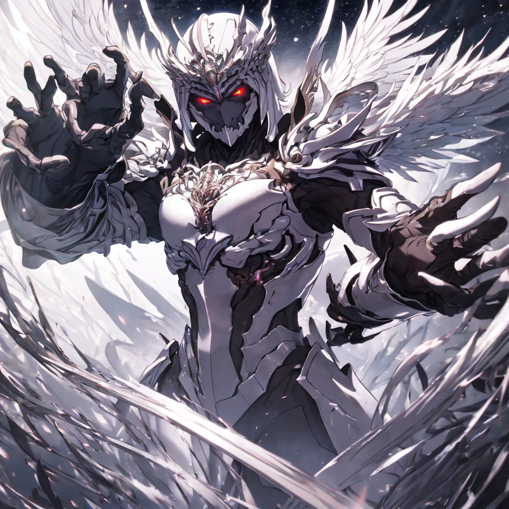 masutepiece, Highly detailed CG unified 8K wallpapers, 8K UHD, Digital SLR, High quality, clean, Best Illumination, God in white armor, one white winged, Glowing eyes, Cinematic, Ultra-high resolution, ultra high detailed, hight resolution, shadowverse style