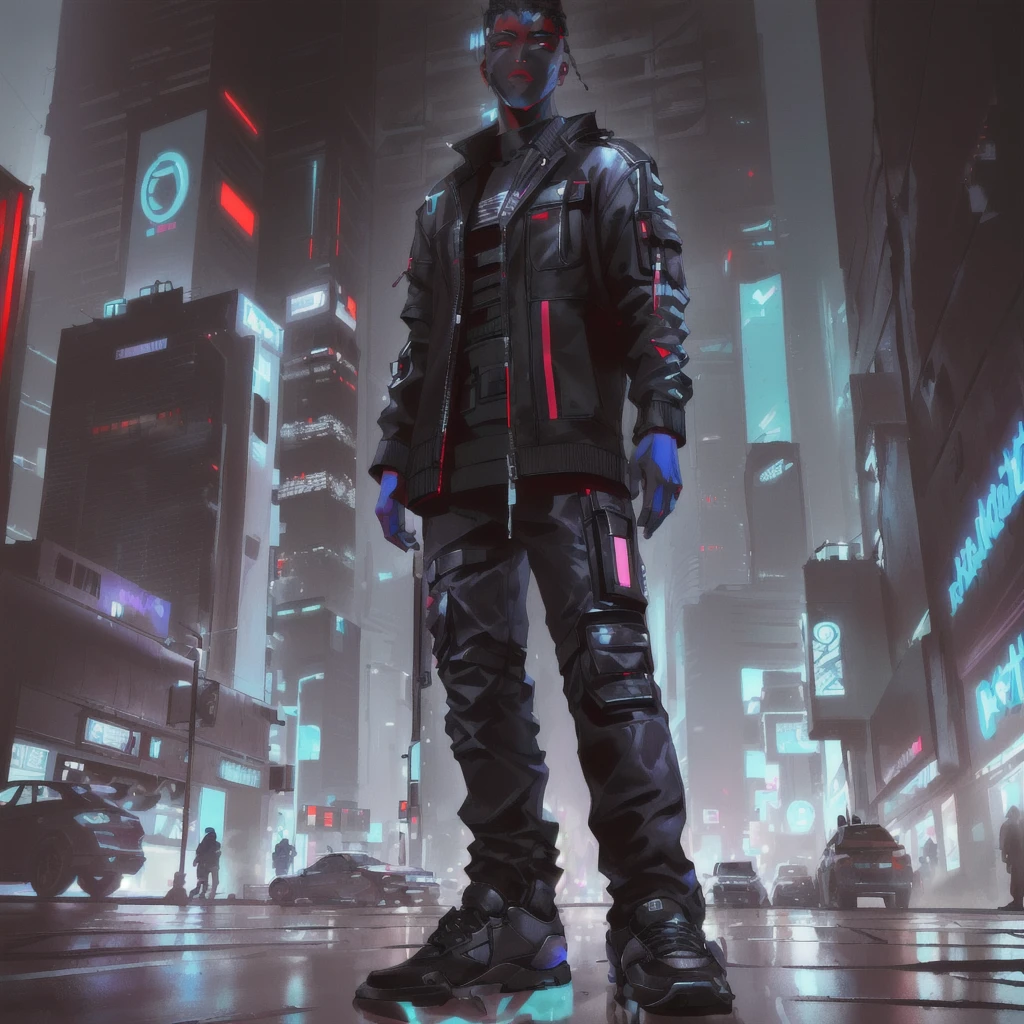 arafed image of a man standing in the middle of a city, cargo pants. cyberpunk city, cyberpunk streetwear, hyper-realistic cyberpunk style, in cyberpunk city, wearing cyberpunk streetwear, cyberpunk street goon, in a futuristic cyberpunk city, cyberpunk style , hyperrealistic, in cyberpunk style, cyberpunk vibe, cyberpunk art ultrarealistic 8k, in a cyberpunk city