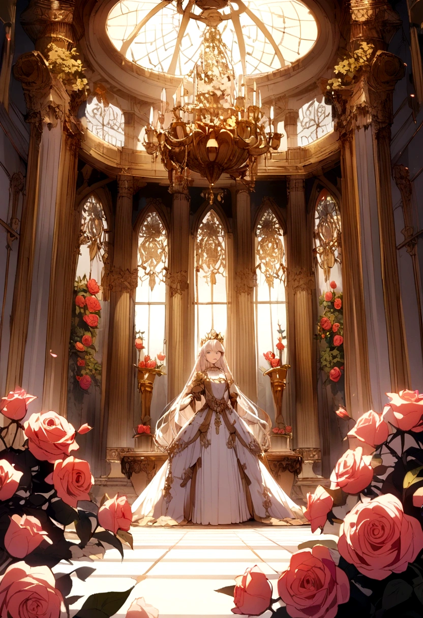 A queen with albino hair and golden eyes being in a palace surrounded by roses