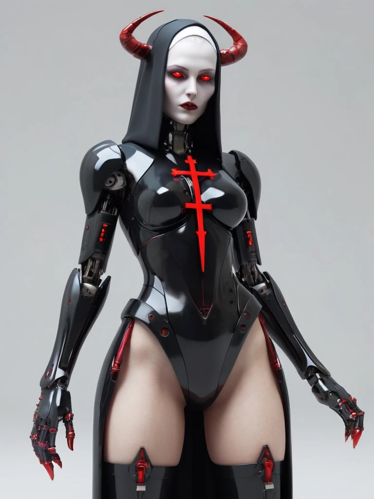 ral-opal, meahophontron, full body, woman robot face, Cyberpunk, devil nun, negro, looking at camera, body nun clothes, red eyes, primer plano looking at camera, realist, beautifull woman, sexy face, black clothes, gray and red, Red high heels, holding red crucifix.