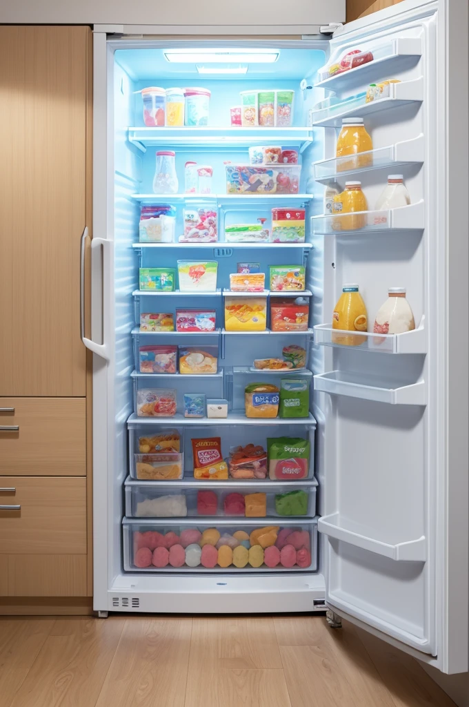 A refrigerator freezer , with lots of ice cream in the shape of a long bag