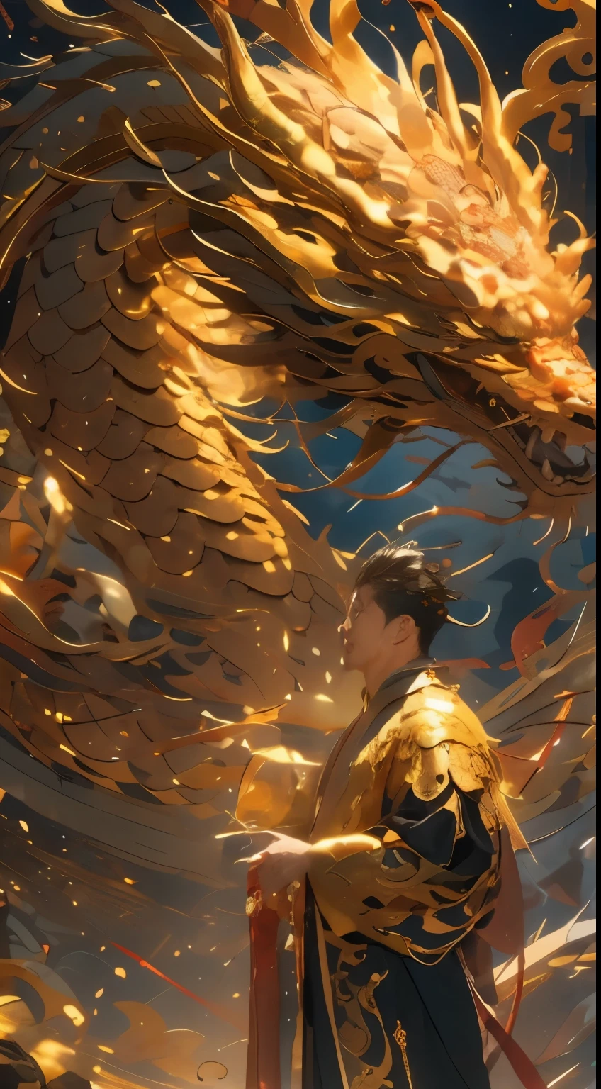 (tmasterpiece:1.2),tmasterpiece,quality,Best quality at best,The very detailed,pixiv,True dragon Great emperor of Fantasy chinese Novel, chinese young man great emperor 1,perfect face(chin,slim jaw) chinese men, Golden Taoist Costume,Detailed facial details,A man stands in front of a golden Chinese dragon,Majestic dragons,cleannesiddle in front of dragon, full body; hands put behind his back