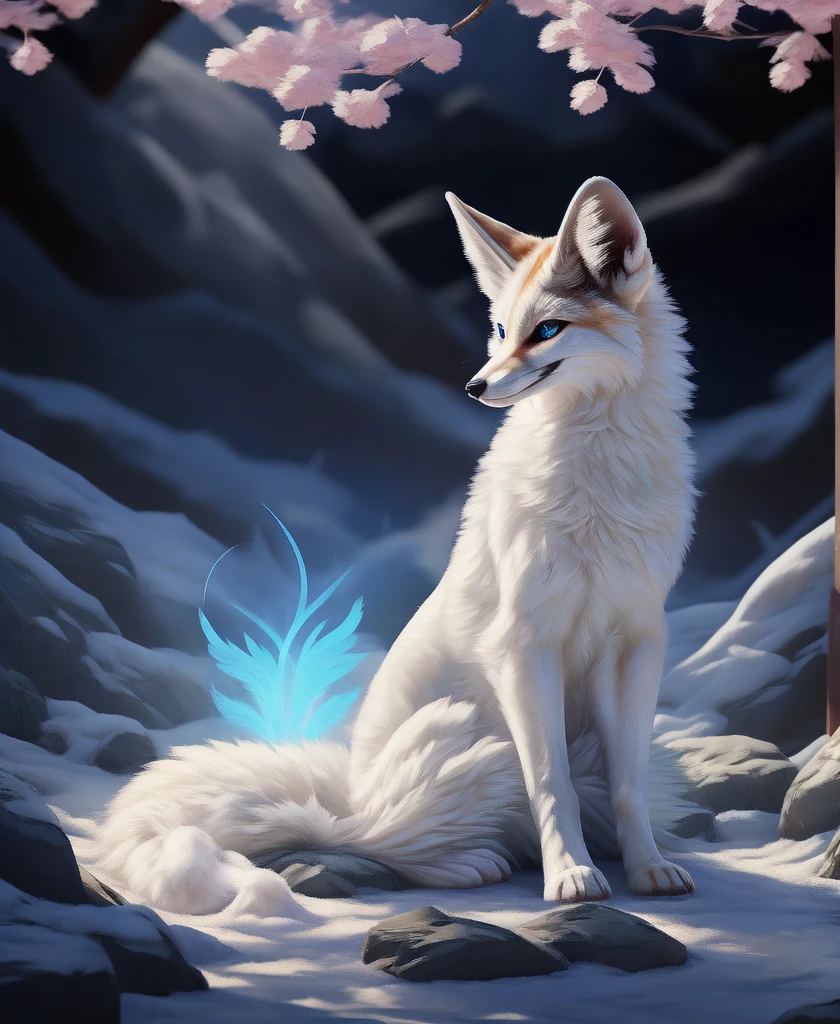 falvie 
asian_mythology east_asian_mythology mythology 
canid canine fox mammal will-o'-the-wisp 
2017 digital_media_(artwork) 
ambiguous_gender blue_eyes detailed_background feral fox_spirit fur kitsunebi multi_tail paws shrine sitting smile solo tail white_body white_fur