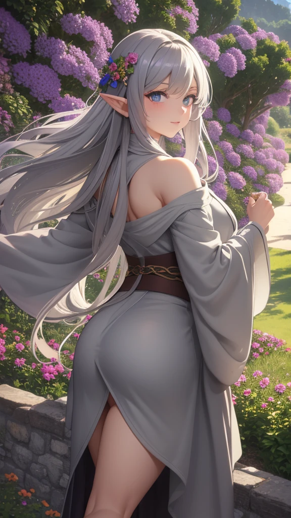 Highest quality、4K、masterpiece、Hills covered with flowers、Beautiful elf girl looks back（Wizard Robe、tattoo:8、Gray Hair、Very long hair）、There are three friends around
