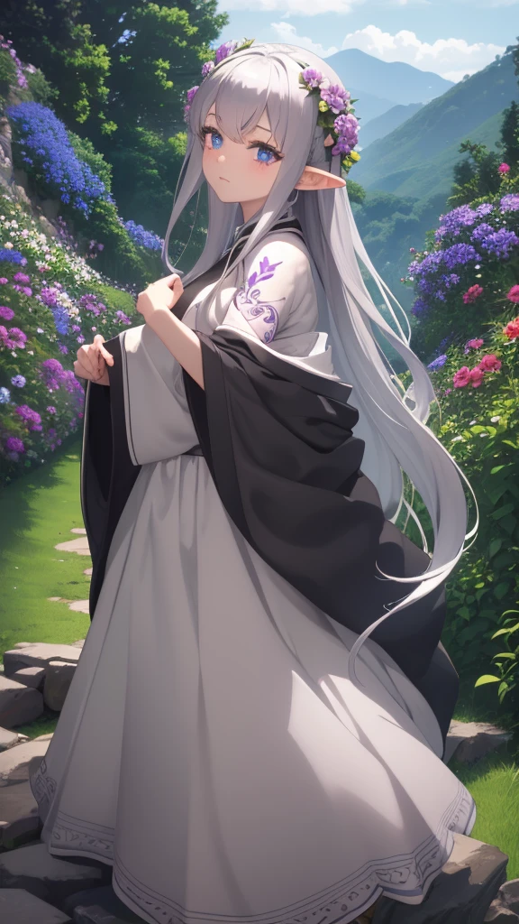 Highest quality、4K、masterpiece、Hills covered with flowers、Beautiful elf girl looks back(Wizard Robe、tattoo:8、Gray Hair、Very long hair)、There are three friends around