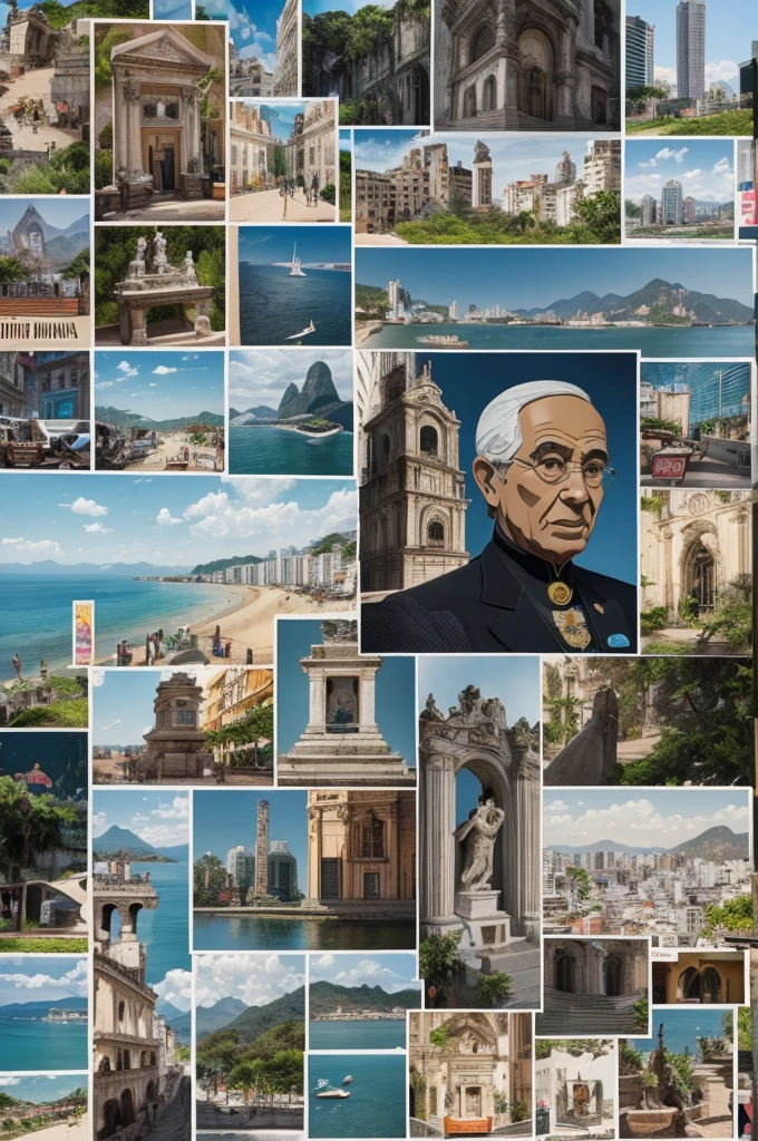 Collage, in the style of stickers piled up, of elements such as drawings, uploads, graphic elements and others with the Rio de Janeiro theme, especially his monument to Escadaria Selaron 