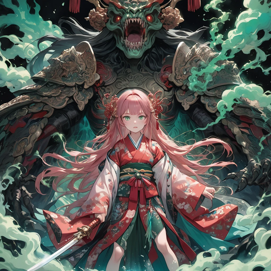 masterpiece, highest quality, A full-body illustration from the front. The main character is a girl in traditional Japanese clothing, with long pink hair and a hair ornament. She holds a sword and has a huge, menacing spirit behind her, wearing elaborate armor with a terrifying expression. Green smoke swirls around them. The girl's kimono has a delicate red pattern on a black background, and her eyes are a vibrant green, matching the aura of the spirit. The overall scene is dynamic and vivid, with a mysterious and otherworldly atmosphere.