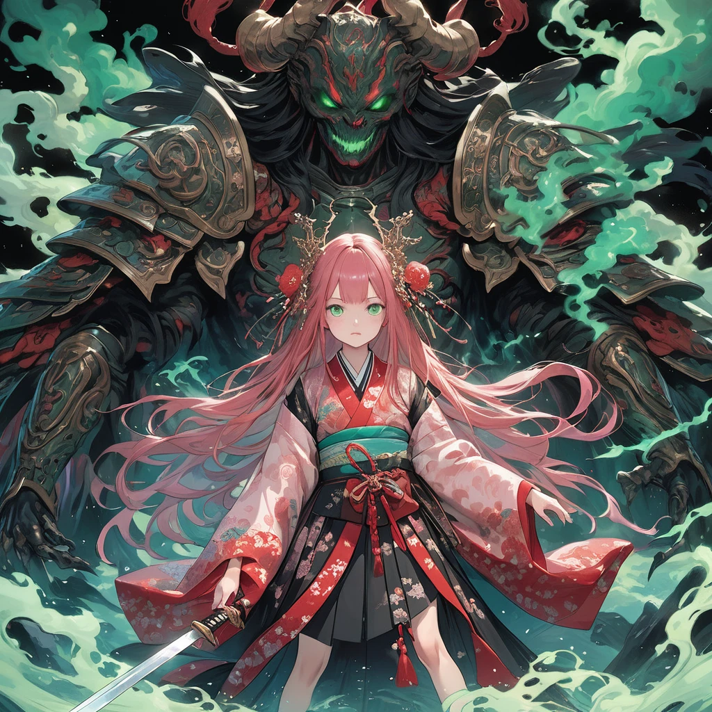 masterpiece, highest quality, A full-body illustration from the front. The main character is a girl in traditional Japanese clothing, with long pink hair and a hair ornament. She holds a sword and has a huge, menacing spirit behind her, wearing elaborate armor with a terrifying expression. Green smoke swirls around them. The girl's kimono has a delicate red pattern on a black background, and her eyes are a vibrant green, matching the aura of the spirit. The overall scene is dynamic and vivid, with a mysterious and otherworldly atmosphere.