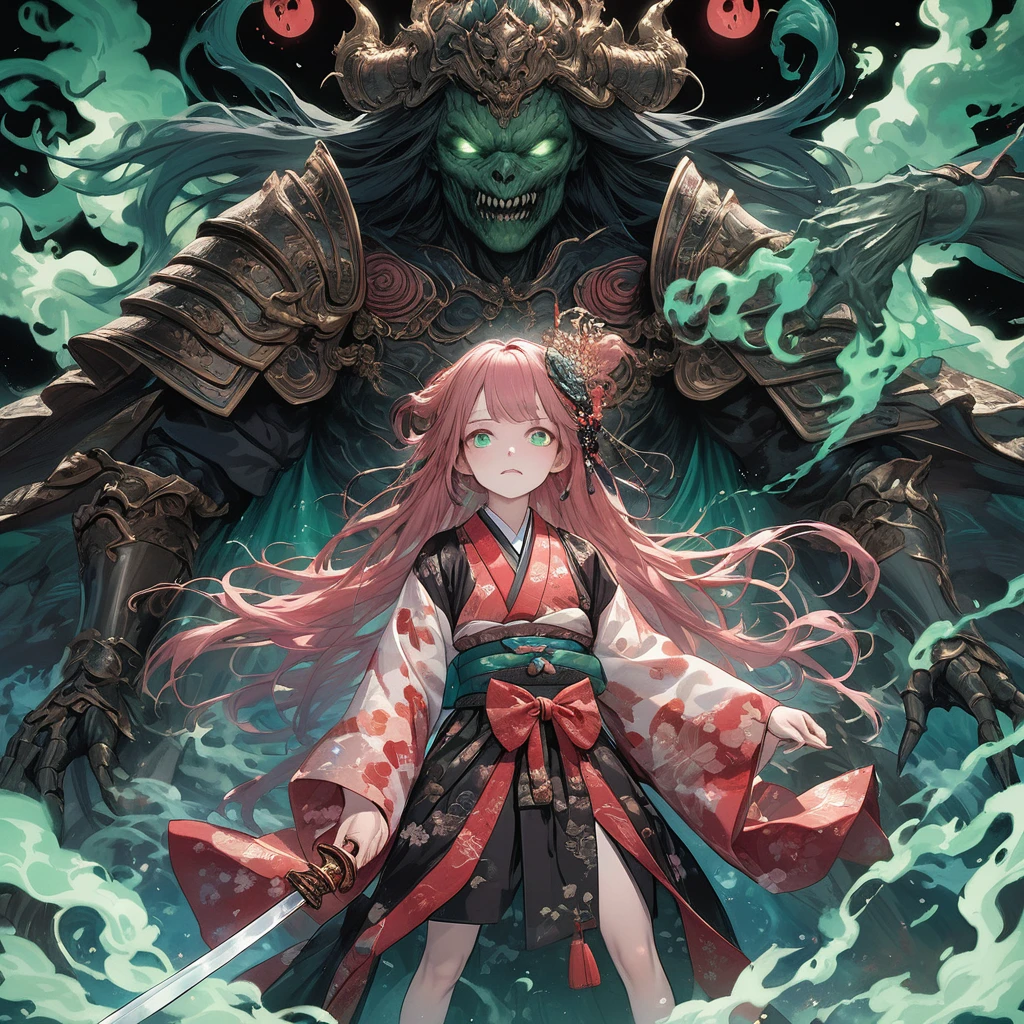 masterpiece, highest quality, A full-body illustration from the front. The main character is a girl in traditional Japanese clothing, with long pink hair and a hair ornament. She holds a sword and has a huge, menacing spirit behind her, wearing elaborate armor with a terrifying expression. Green smoke swirls around them. The girl's kimono has a delicate red pattern on a black background, and her eyes are a vibrant green, matching the aura of the spirit. The overall scene is dynamic and vivid, with a mysterious and otherworldly atmosphere.