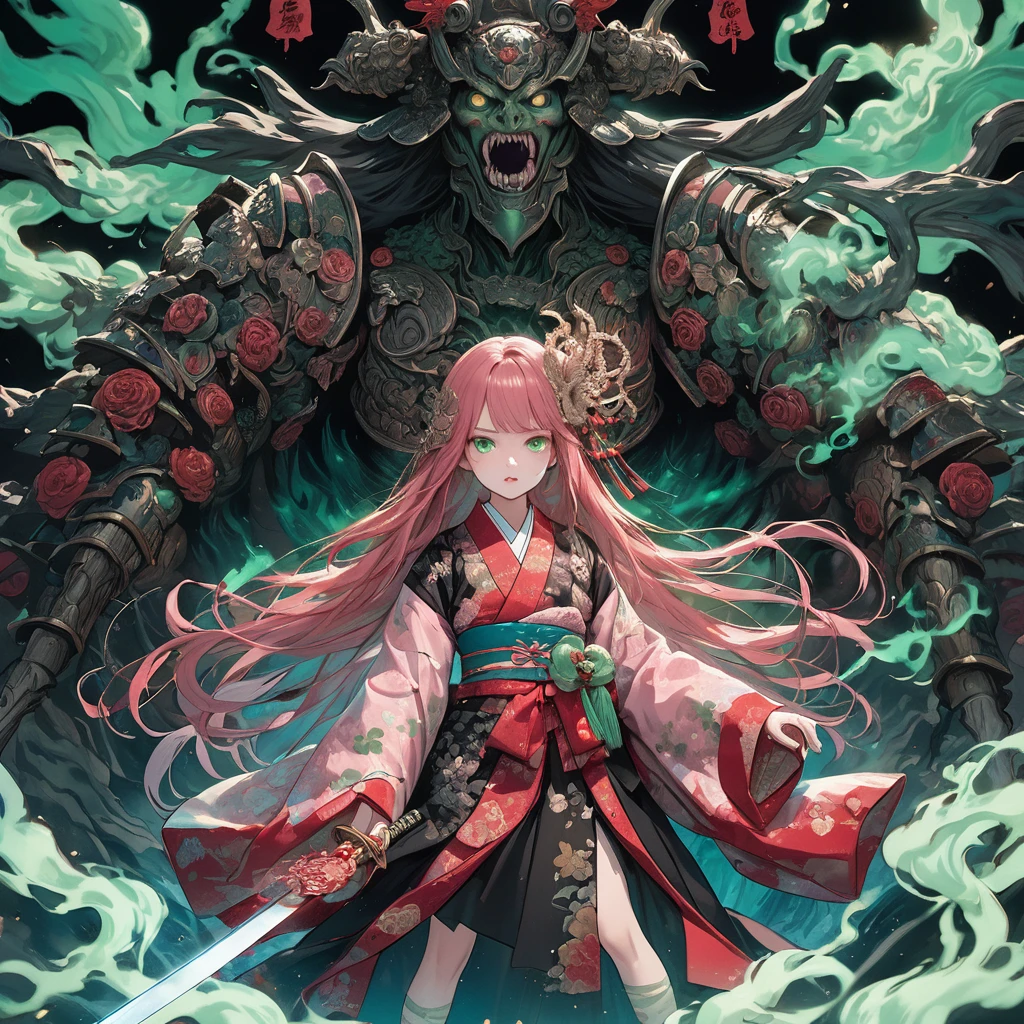 masterpiece, highest quality, A full-body illustration from the front. The main character is a girl in traditional Japanese clothing, with long pink hair and a hair ornament. She holds a sword and has a huge, menacing spirit behind her, wearing elaborate armor with a terrifying expression. Green smoke swirls around them. The girl's kimono has a delicate red pattern on a black background, and her eyes are a vibrant green, matching the aura of the spirit. The overall scene is dynamic and vivid, with a mysterious and otherworldly atmosphere.