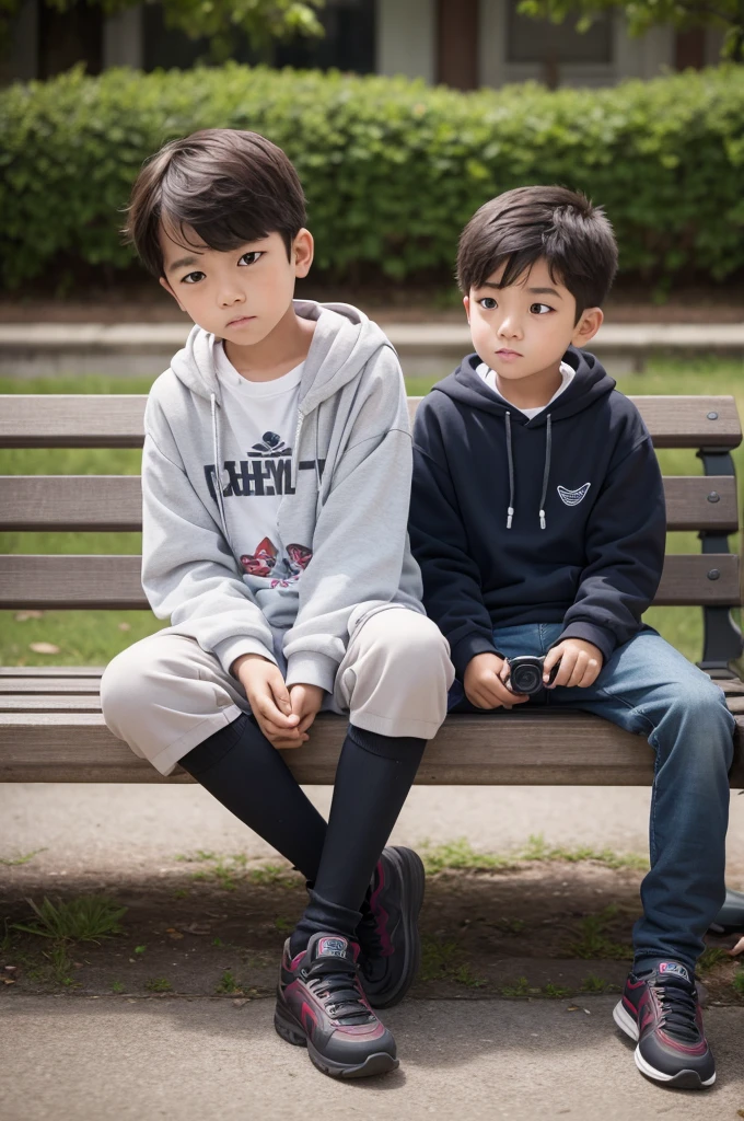 Create an image of a boy sitting on the bench with the camera looking behind him