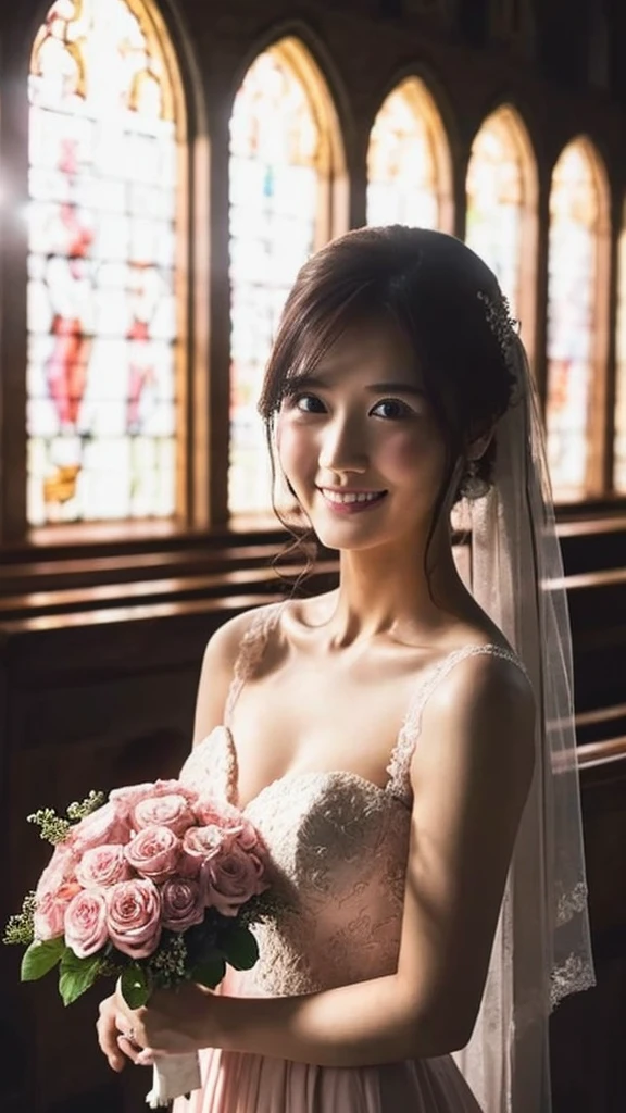 sksbrooke People, sksbrooke, (masterpiece:1.2), (Highest quality:1.2), Perfect Eyes, Perfect Face, One girl, alone, Brown eyes, (Medium chest), Firm breasts, Captivating look,  Pink Wedding Dress, Walking the Church Passage, Background sun rays through the window, Holding a bouquet, Sitting, close, smile