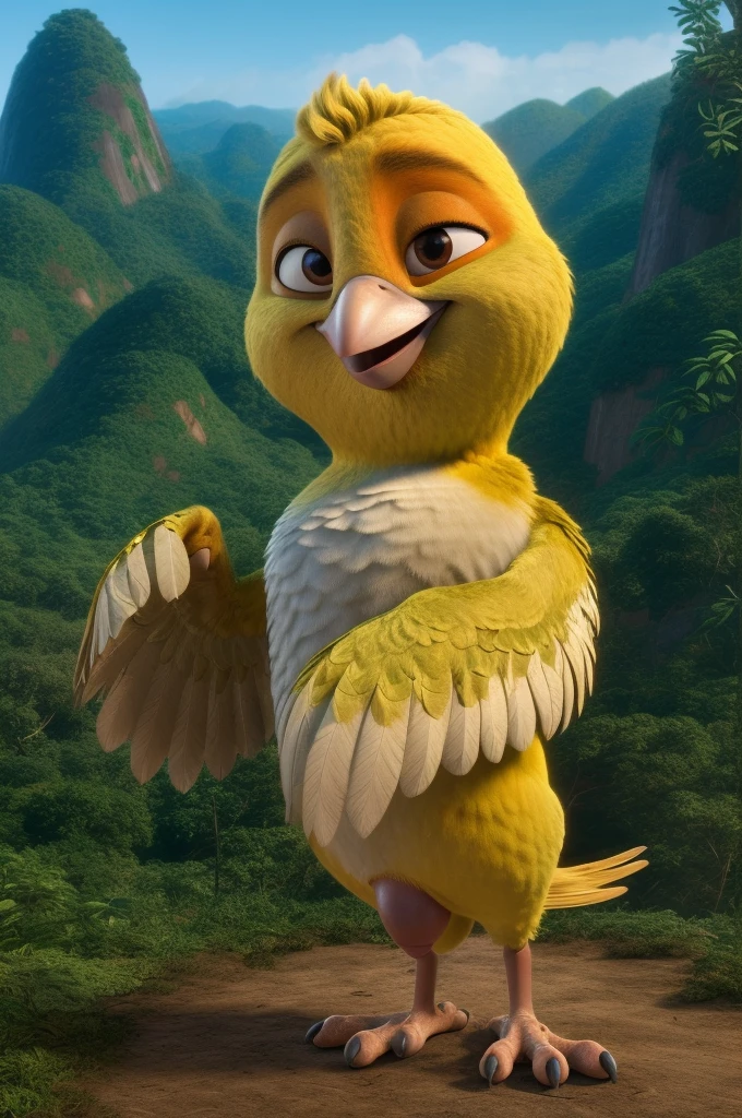 ((NSFW, sexual)), rio movie, jungle landscape, nico a male yellow canary, avian, ((anthro)), human body, furry, feathered arms, ((exposing big tapering penis, testicles)), standing, brown eyes, bedroom eyes, seductive, smiling, realistic, digitigrade legs, detailed eyes, wearing a bottle cap