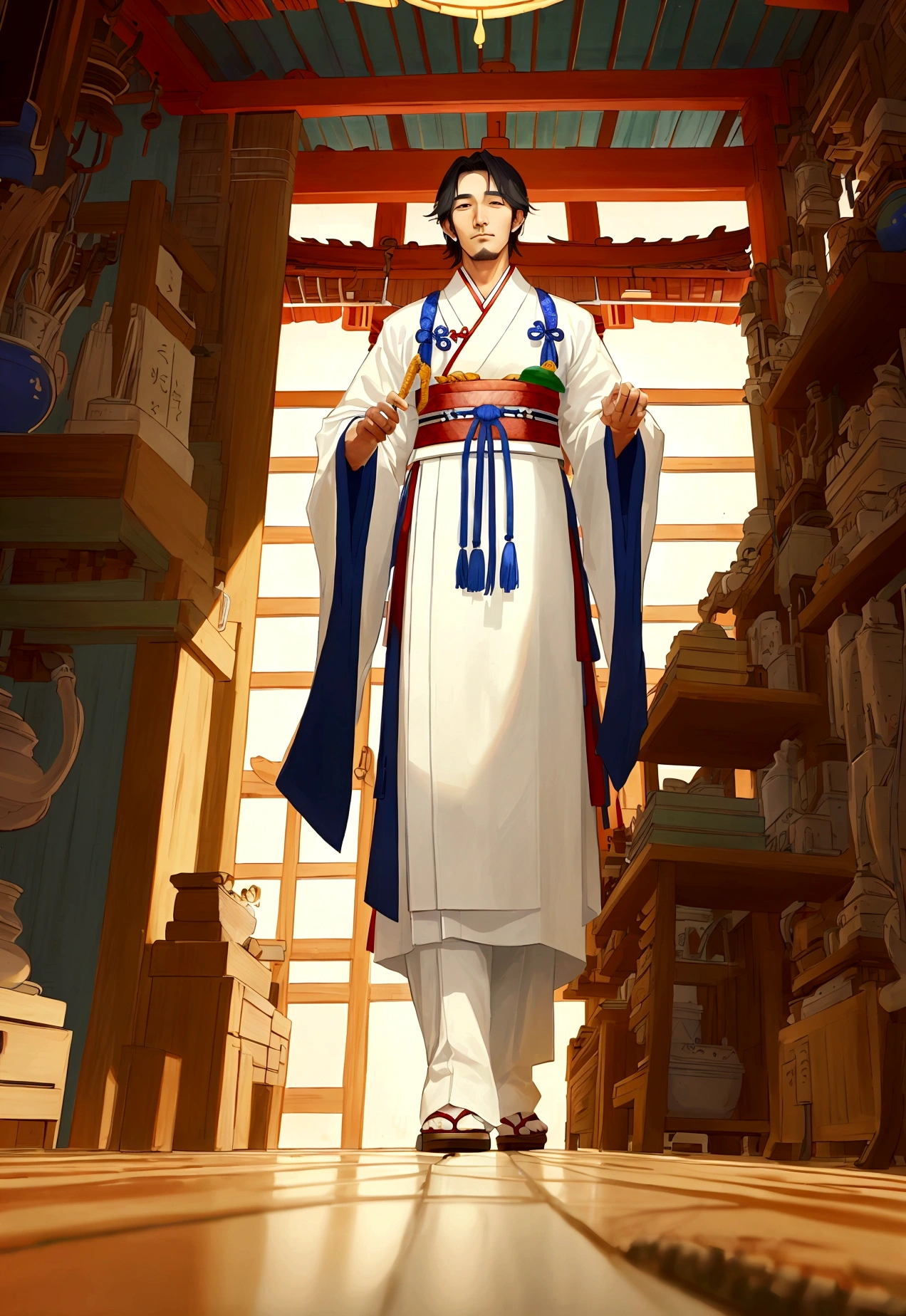 an image from the perspective of a man in traditional korean clothes looking down