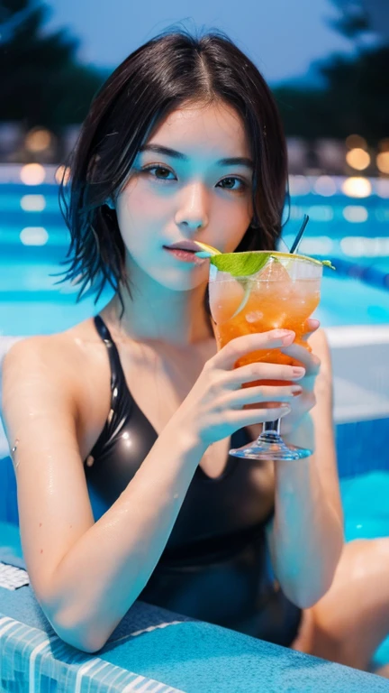 ((Girl drinking a drink at the pool at night:1.5)), (High resolution:1.3), (16K, Realistic, RAW Photos, Best image quality: 1.4), Japanese, (One Girl), Beautiful Face, (Lively Faces), (Black-haired、short hair:1.3), Beautiful Hairstyles, Realistic eyes, Beautiful and exquisite, (Realistic Skin), Beautiful skins, charm, High detail, Golden Ratio, Highly detailed cute girl,(20-year-old)