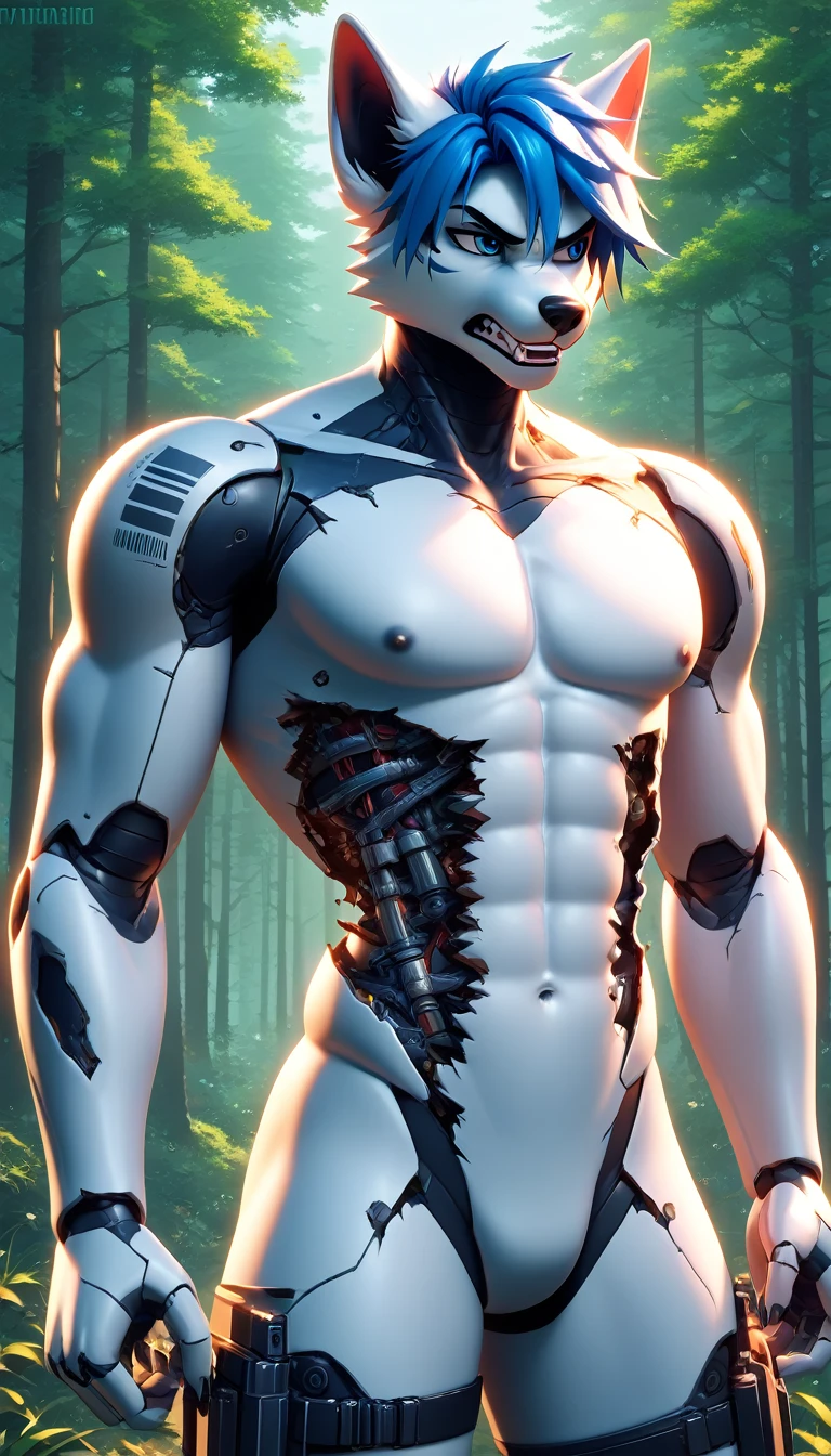 (score_9, score_8_up, score_7_up, score_6_up) BREAK (furry, source furry, uploaded on e621) BREAK robot, android, android skin, barcode tattoos on the body, (broken neck:1.2, damaged belly:1.2, damaged arms:1.2), cracked chest, solo, male, adult, nude, athletic, thin waist, white arctic fox, white fur, short messy dark blue hair, cute young face, talking, black mouth, canine teeth, blue robot eyes, hard nipples, black undies, equipment belt, holster, mechanical components, blue mechanical parts, gun, handgun, holding handgun, hand holding handgun, exploring, exploring the forest, forest, forest background, angry expression, looking away, BREAK good quality, best quality, high quality, high definition, hd, 4k, 8k, masterpiece, good proportion, perfect proportion, good anatomy, perfect anatomy 