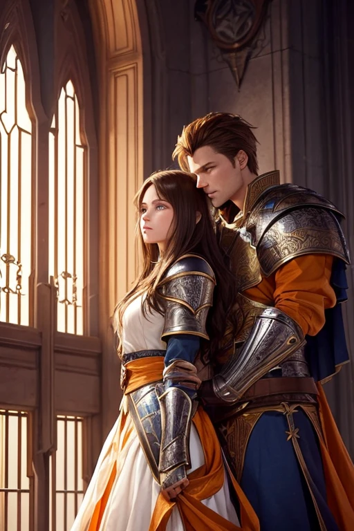 A beautiful woman stands on top of a tower in front of a window,her light brunette hair was blowing from the wind coming from the open window.,His red eyes glowed like flames dancing in a bonfire,she prepares to kiss the knight.
The man was tall,her hair was short and spiky,her hair was yellow with orange tones,he had blue eyes and was wearing armor with sun symbols.