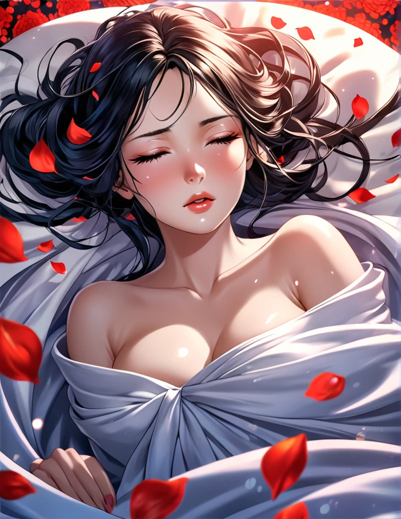 (Harem Manga style:1.2) , Hallucination, daydream , nightmare , Insane Dream , bokeh , erotica , romance , cat nymph and realistic cat , Petals fluttering down , (Single eyelids, round nose, swollen cheeks) , glossy lips , Collarbone , Hair blowing in the wind , Goddess of lust , wrapped body by transparent blanket
