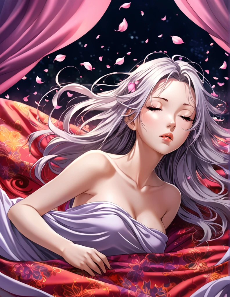 digital art, realistic style, with vibrant colors, soft stile and dynamic shading, High image quality, a tall woman with long white hair, white hair, with slanted light blue eyes, fair skin, siren with rose tail, of pink pearls, eyes closed, lying on smooth white stones, manhwa 