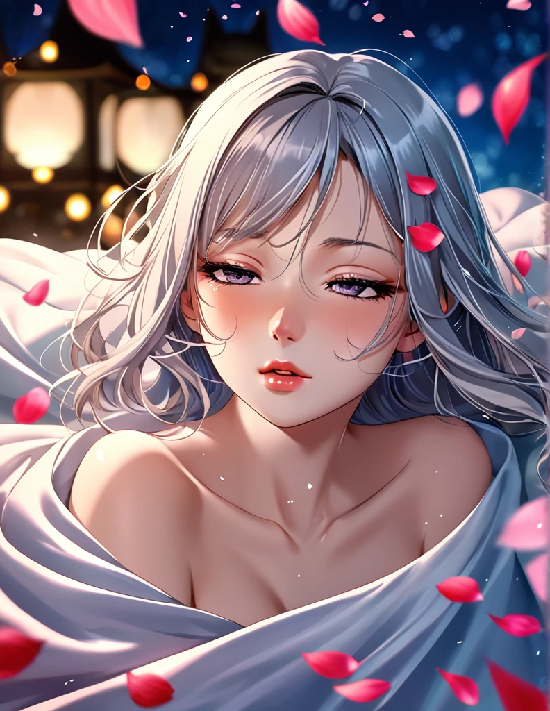 (Harem Manga style:1.2) , Hallucination, daydream , nightmare , Insane Dream , bokeh , erotica , romance , cat nymph and realistic cat , Petals fluttering down , (Single eyelids, round nose, swollen cheeks) , glossy lips , Collarbone , Hair blowing in the wind , Goddess of lust , wrapped body by transparent blanket