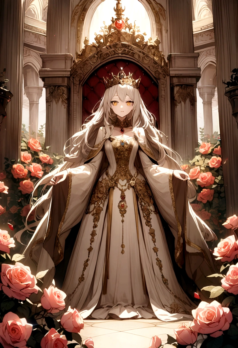 A queen with albino hair and golden eyes being in a palace surrounded by roses 