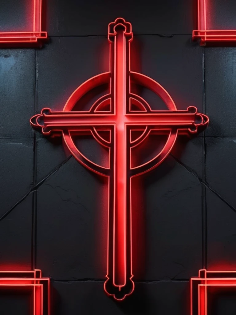 satanic background, neon light, symbology style, Red color, black and dark gray, on church wall.