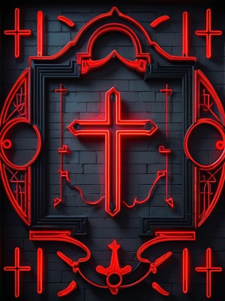 satanic background, neon light, symbology style, Red color, black and dark gray, on church wall.