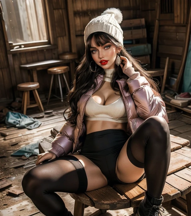 (masutepiece:1.1, Best Quality:1.1, 16K HDR, High resolution), (1girl in, Solo), (sexy and beautiful korean women), (Black hair, Long hair, White knit hat, earrings), (Down jacket, puffer jacket, Mini skirt, leggings, pantyhose, Stockings, sexy white panties under pantyhose), long boots, cleavage, Colossal , large boob, Large breasts, (Sit on a wooden chair, Open legs, in an abandoned wooden hut), Top of the mountains, ((Perfect slim body)), hyperdetailed face, Detailed eyes, Realistic skin texture,