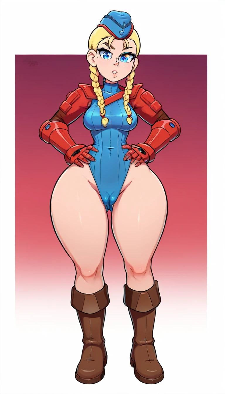 cammy white from street fighter, ((turtleneck leotard, ribbed leotard, long sleeve leotard, blue leotard, highleg leotard, back view, thong leotard, yellow necktie, cameltoe fingerless gloves, red gauntlets, cameltoe)), (( looking at viewer, )), blonde hair, twin braids, (blue garrison cap, brown boots), (thick thighs, wide hips, medium breasts) 1girl, solo, bare legs, (full body, standing, hands on hips),