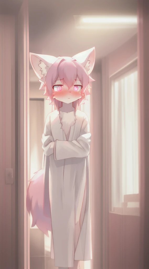 Long pink hair, neon eyes, glowing eyes, femboy, bathroom, moderate rain, afternoon, cat ears, pale pink ears, fox tail, pink fox, white bathrobe, cute, one tail, space god, fur body, full body, upper body wrapped in bathrobe, Siberian forest cat, character, masterpiece, fluffy tail, current, shy, NFSW, highest quality, 8k, full hd, two-eared, summer, own character, nude, nsfw, pink hair, blurry, shy, blushing