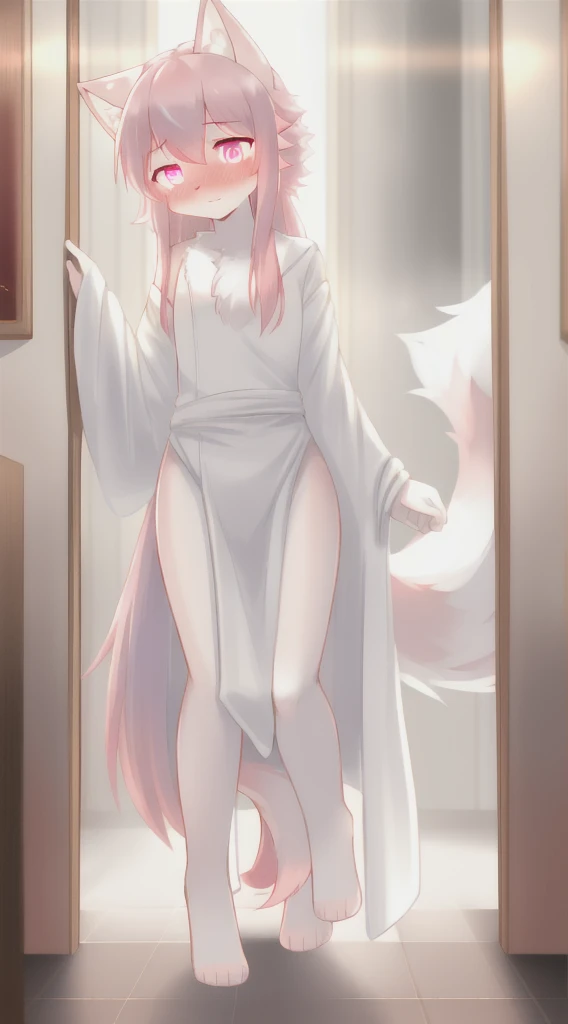 Long pink hair, neon eyes, glowing eyes, femboy, bathroom, moderate rain, afternoon, cat ears, pale pink ears, fox tail, pink fox, white bathrobe, cute, one tail, space god, fur body, full body, upper body wrapped in bathrobe, Siberian forest cat, character, masterpiece, fluffy tail, current, shy, NFSW, highest quality, 8k, full hd, two-eared, summer, own character, nude, nsfw, pink hair, blurry, shy, blushing