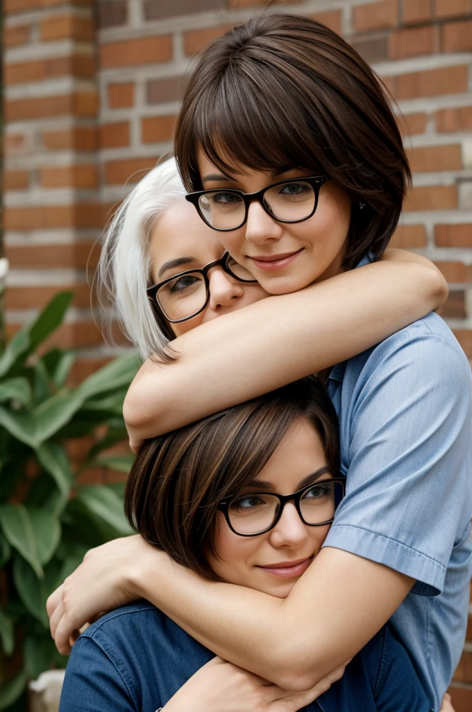 A woman with short brown hair and glasses hugging a white hair